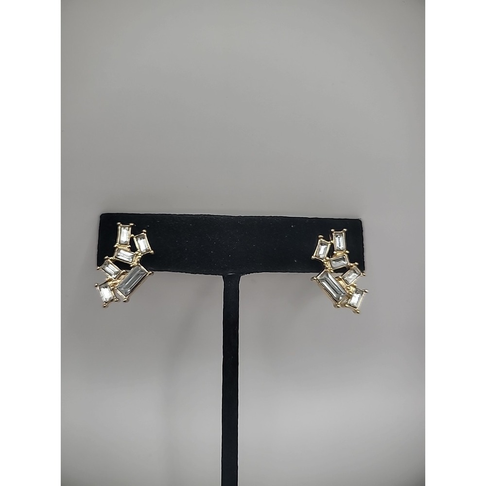 Vintage Earrings Gold Tone Pierced Stud White Crystals Jewelry Costume